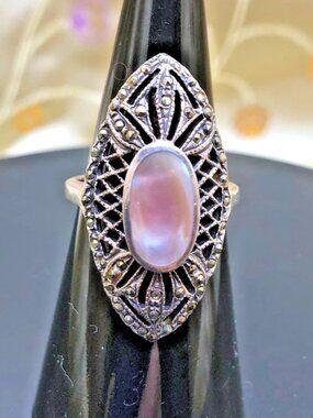 Vintage Sterling filligree Marcasite & Mother of Pearl, Art Deco Revival... Sz 6